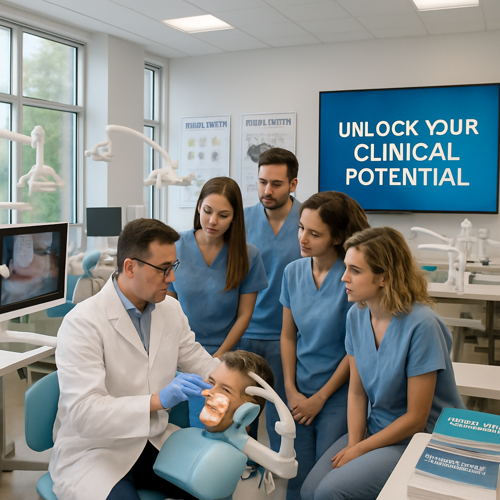 The image depicts a modern dental training facility filled with bright natural light streaming through large windows In the foreground a diverse group